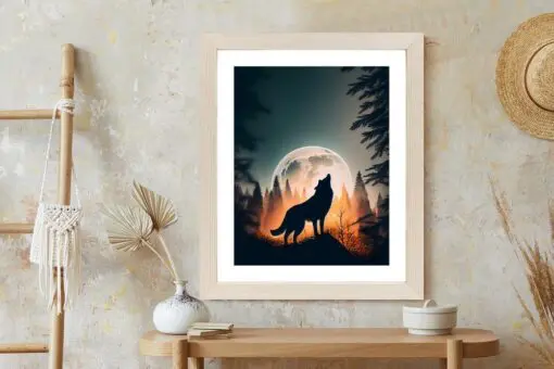 Poster Ein Wolf Heult Auf Einem Felsen Neben Dem Mond