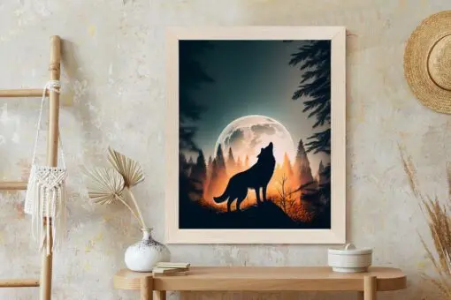 Poster Ein Wolf Heult Auf Einem Felsen Neben Dem Mond