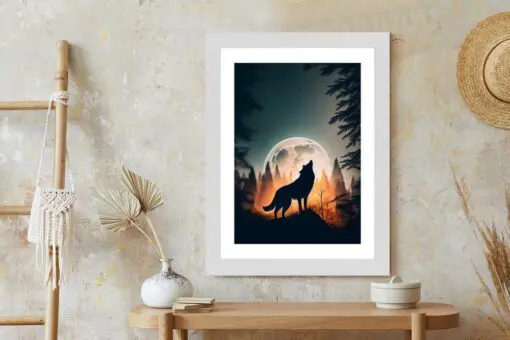 Poster Ein Wolf Heult Auf Einem Felsen Neben Dem Mond