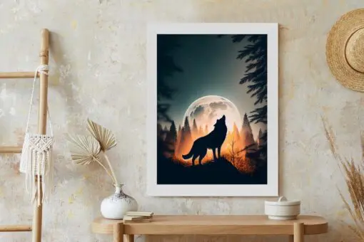 Poster Ein Wolf Heult Auf Einem Felsen Neben Dem Mond