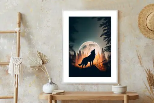 Poster Ein Wolf Heult Auf Einem Felsen Neben Dem Mond