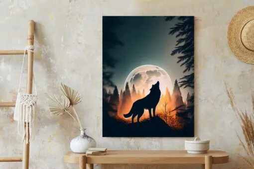 Poster Ein Wolf Heult Auf Einem Felsen Neben Dem Mond