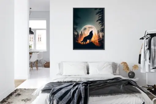 Poster Ein Wolf Heult Auf Einem Felsen Neben Dem Mond