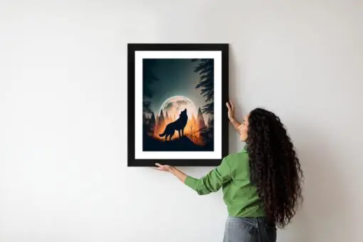 Poster Ein Wolf Heult Auf Einem Felsen Neben Dem Mond