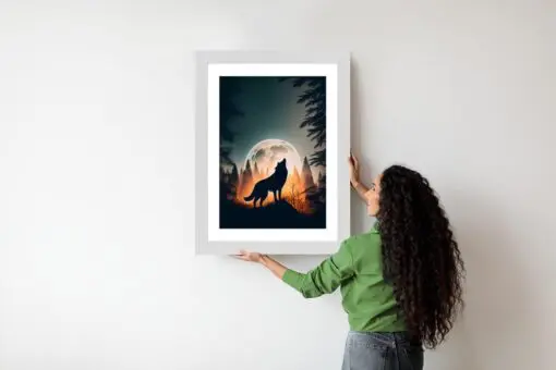 Poster Ein Wolf Heult Auf Einem Felsen Neben Dem Mond