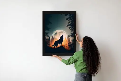 Poster Ein Wolf Heult Auf Einem Felsen Neben Dem Mond