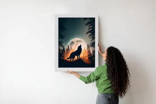 Poster Ein Wolf Heult Auf Einem Felsen Neben Dem Mond