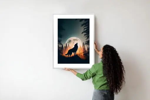 Poster Ein Wolf Heult Auf Einem Felsen Neben Dem Mond