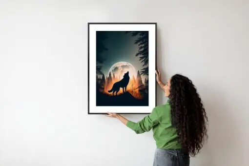 Poster Ein Wolf Heult Auf Einem Felsen Neben Dem Mond