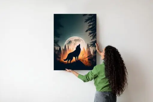 Poster Ein Wolf Heult Auf Einem Felsen Neben Dem Mond