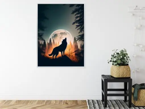 Poster Ein Wolf Heult Auf Einem Felsen Neben Dem Mond