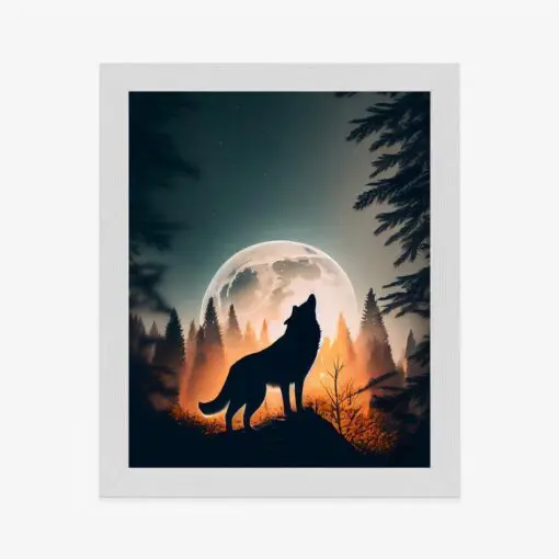 Poster Ein Wolf Heult Auf Einem Felsen Neben Dem Mond