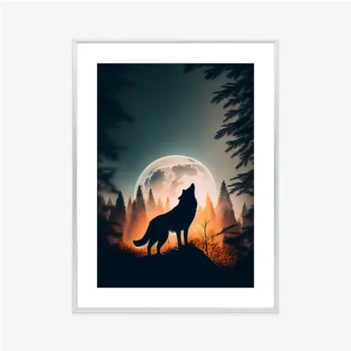 Poster Ein Wolf Heult Auf Einem Felsen Neben Dem Mond