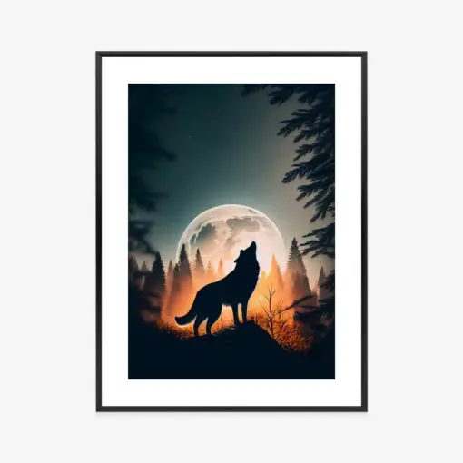 Poster Ein Wolf Heult Auf Einem Felsen Neben Dem Mond