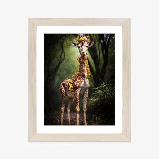 Poster Eine Junge Giraffe Mit Einer Decke Aus Bunten Dschungelblumen