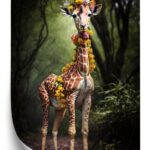 Poster Eine Junge Giraffe Mit Einer Decke Aus Bunten Dschungelblumen