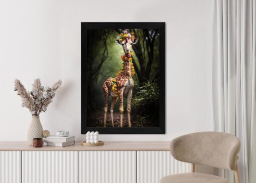 Poster Eine Junge Giraffe Mit Einer Decke Aus Bunten Dschungelblumen