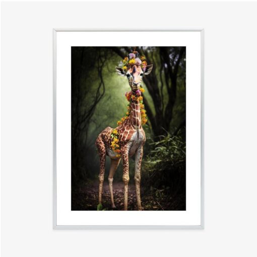 Poster Eine Junge Giraffe Mit Einer Decke Aus Bunten Dschungelblumen