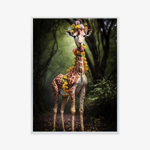 Poster Eine Junge Giraffe Mit Einer Decke Aus Bunten Dschungelblumen