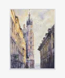Poster Florianska-Straße In Der Altstadt Von Krakau Polen Mit Der Miariacki-Kirche Im Hintergrund. Bild Erstellt Mit Aquarellen.