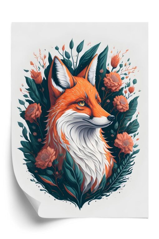 Poster Fuchs Auf Dem Hintergrund Von Blumen