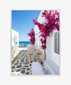 Poster Griechische Architektur Mit Rosa Blumen Und Meerblick