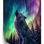 Poster Heulender Wolf Und Nordlichter