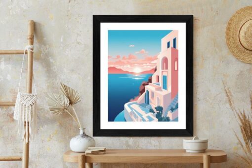 Poster Illustration Mit Einem Sonnenuntergang Auf Santorini