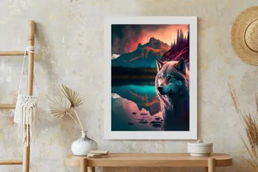 Poster Majestätischer Wolf Beleuchtet Mit Lebendigem Farbenfrohem Licht In Den Bergen