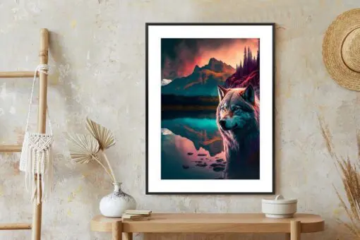 Poster Majestätischer Wolf Beleuchtet Mit Lebendigem Farbenfrohem Licht In Den Bergen