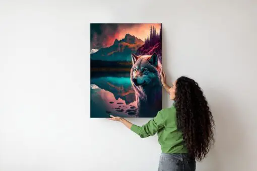 Poster Majestätischer Wolf Beleuchtet Mit Lebendigem Farbenfrohem Licht In Den Bergen