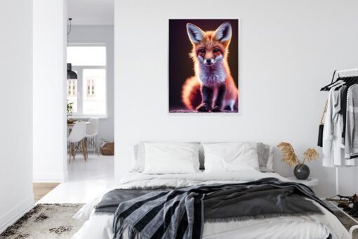 Poster Red Fox Portrait. Cute Baby Of Fox Sitting On Stone. Adorable Furry Fox Pup.