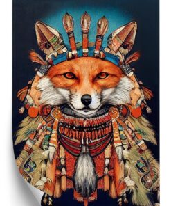 Poster Red Tribal Fox Portrait. Vintage Hand Drawn For T-Shirt Poster Clothes.