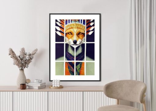 Poster Red Tribal Fox Portrait. Vintage Hand Drawn For T-Shirt Poster Clothes.