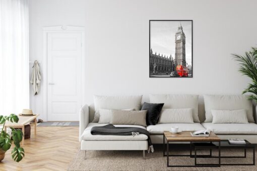 Poster Roter Bus Und Schwarz-Weiße Landschaft Des Palace Of Westminster
