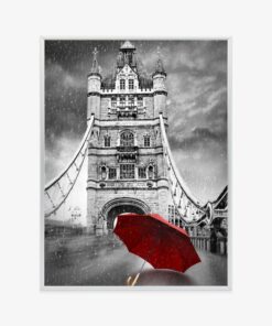 Poster Roter Regenschirm Auf Schwarz-Weißem Hintergrund Mit Tower Bridge