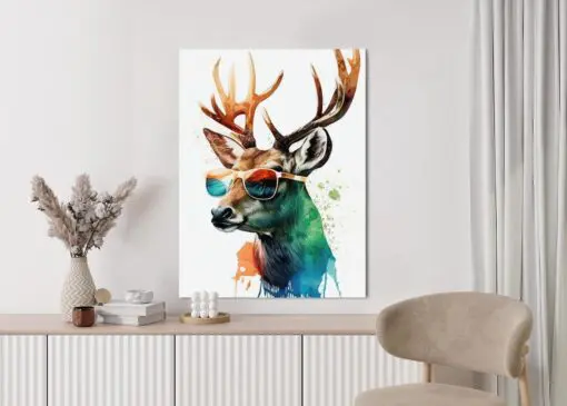 Poster Waldlichtungsstil – Hirsch Mit Sonnenbrille