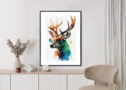 Poster Waldlichtungsstil – Hirsch Mit Sonnenbrille