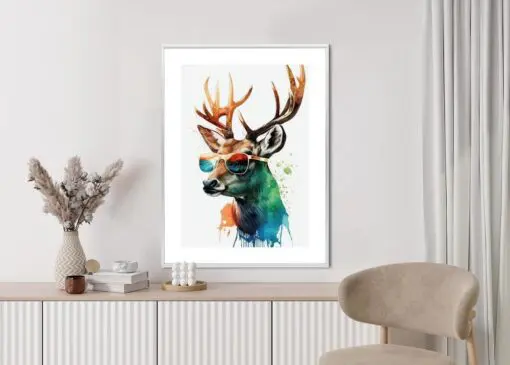 Poster Waldlichtungsstil – Hirsch Mit Sonnenbrille