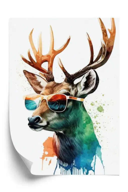 Poster Waldlichtungsstil – Hirsch Mit Sonnenbrille