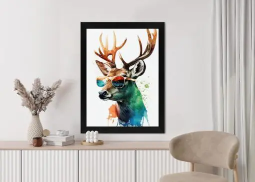 Poster Waldlichtungsstil – Hirsch Mit Sonnenbrille