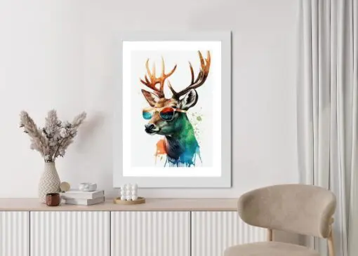 Poster Waldlichtungsstil – Hirsch Mit Sonnenbrille