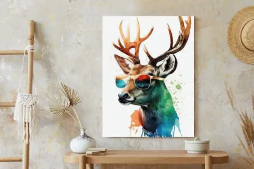 Poster Waldlichtungsstil – Hirsch Mit Sonnenbrille