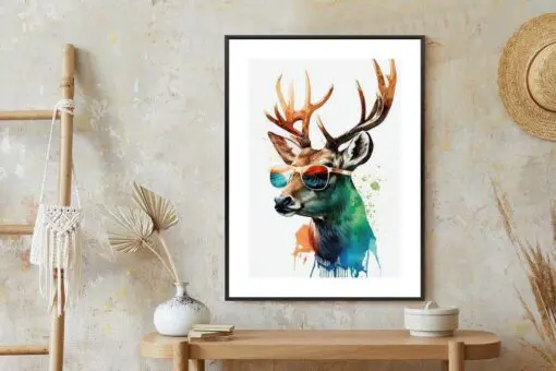 Poster Waldlichtungsstil – Hirsch Mit Sonnenbrille