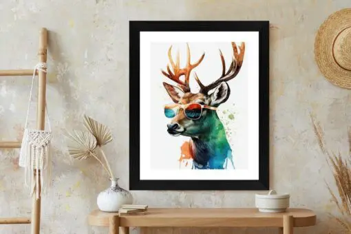 Poster Waldlichtungsstil – Hirsch Mit Sonnenbrille