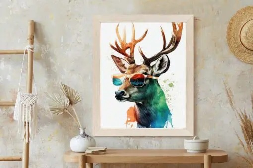 Poster Waldlichtungsstil – Hirsch Mit Sonnenbrille