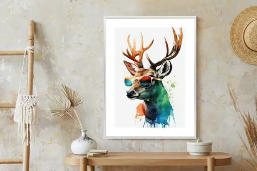 Poster Waldlichtungsstil – Hirsch Mit Sonnenbrille