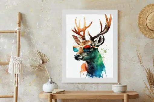 Poster Waldlichtungsstil – Hirsch Mit Sonnenbrille
