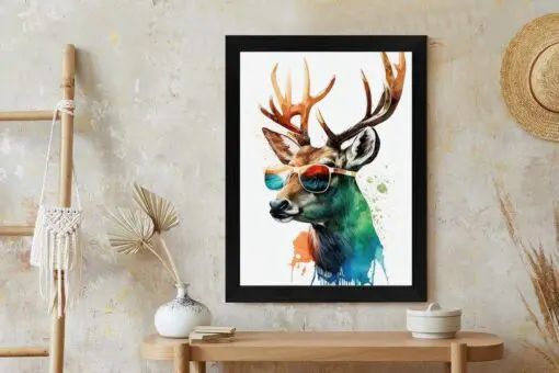 Poster Waldlichtungsstil – Hirsch Mit Sonnenbrille