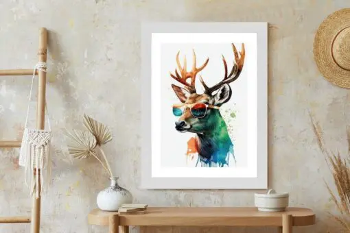 Poster Waldlichtungsstil – Hirsch Mit Sonnenbrille